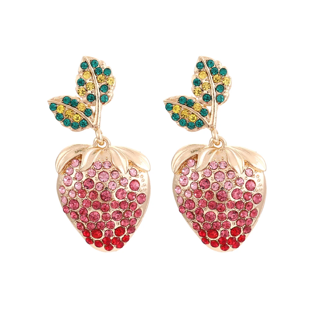 

New Colorful Pink Rhinestone Strawberry Earrings Elegant Drop Earrings for Girls Wedding Jewelry