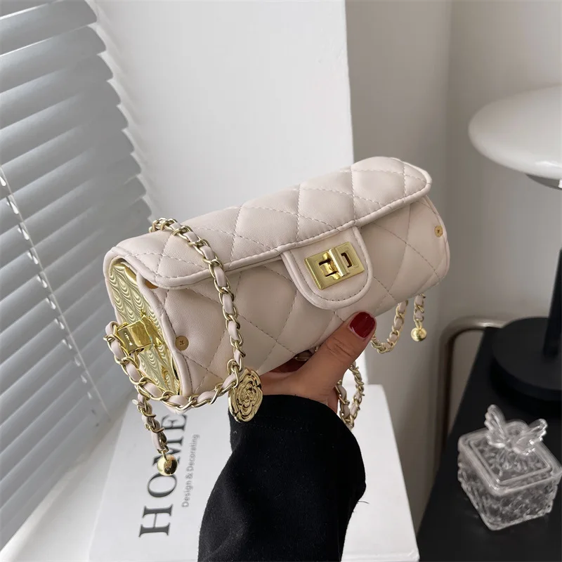 

Paparazzi 2022 elegant shoulder bags cylindrical PU leather Lingge bags for women girls metal chains shopping accessories bag