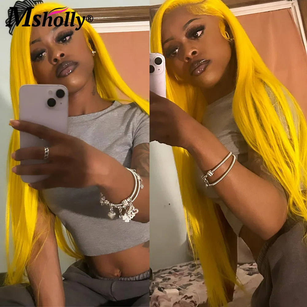 Прямой парик ярко-лимонного желтого цвета 100% человеческие волосы короткий Боб 13x