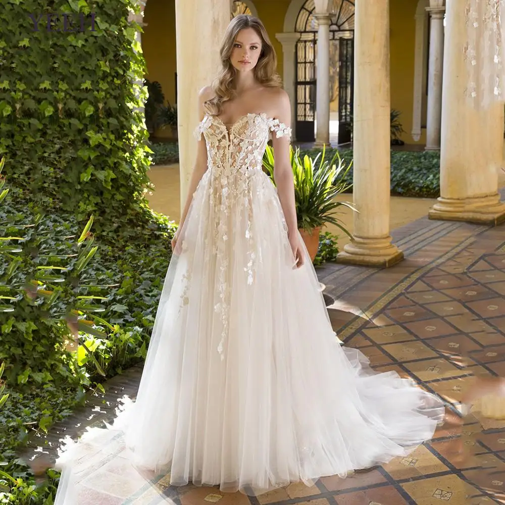 

YEEH Classic Lace Appliques Wedding Dresses Elegant Off The Shoulder Sweetheart Vestidos De Novia Luxury Sweep Train Bridal Gown