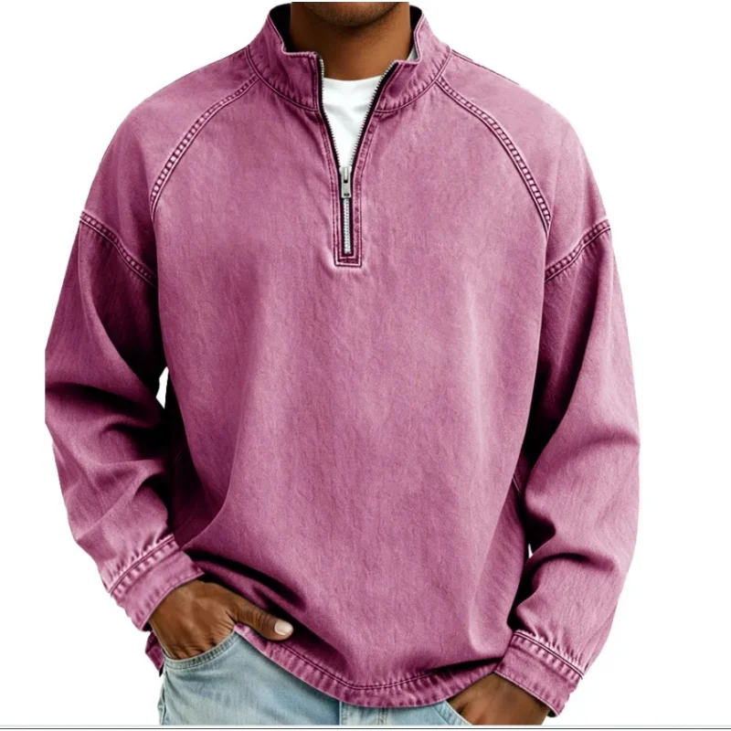 Фото Мужские свитшоты Henley с воротником-стойкой, винтажные, с эффектом потертости, на молнии до середины груди, из денима, с длинным рукавом №3