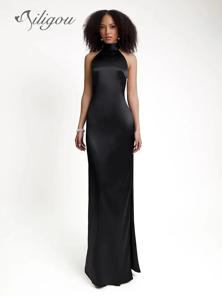 Новинка 2024 женское атласное черное сексуальное облегающее длинное платье Ailigou с