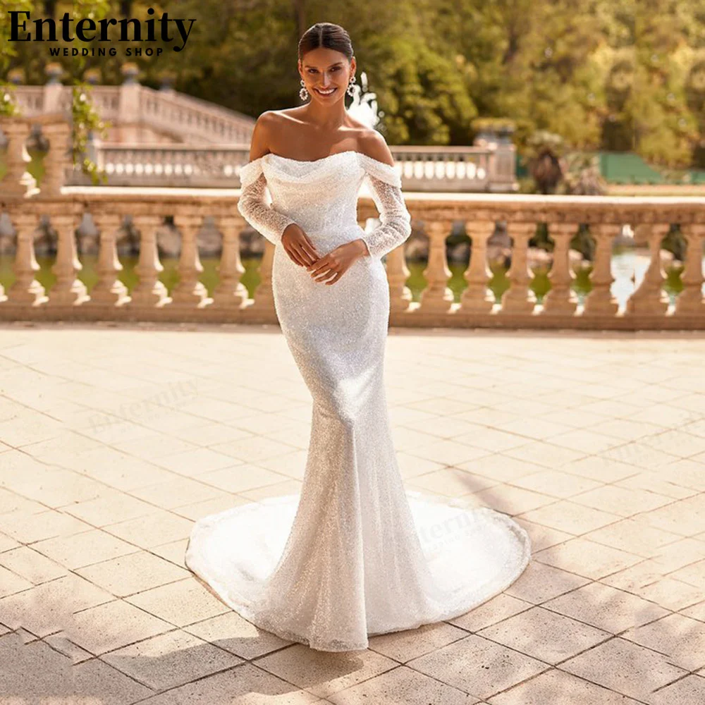 

Twinkling Boat Neck Bridal Dress For Women Long Sleeves Mermaid Sequin Wedding Gown Backless With Button Cвадебное платье
