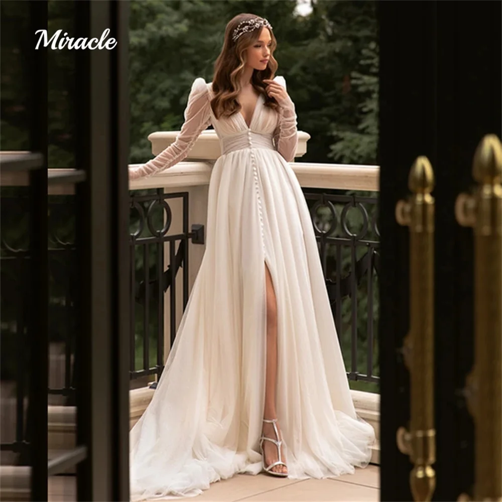 

Boho A-Line Wedding Dresses For Women Sexy Deep V-Neck Bride Robe Long Sleeve Backless Split Front Bridal Gown Vestidos De Novia