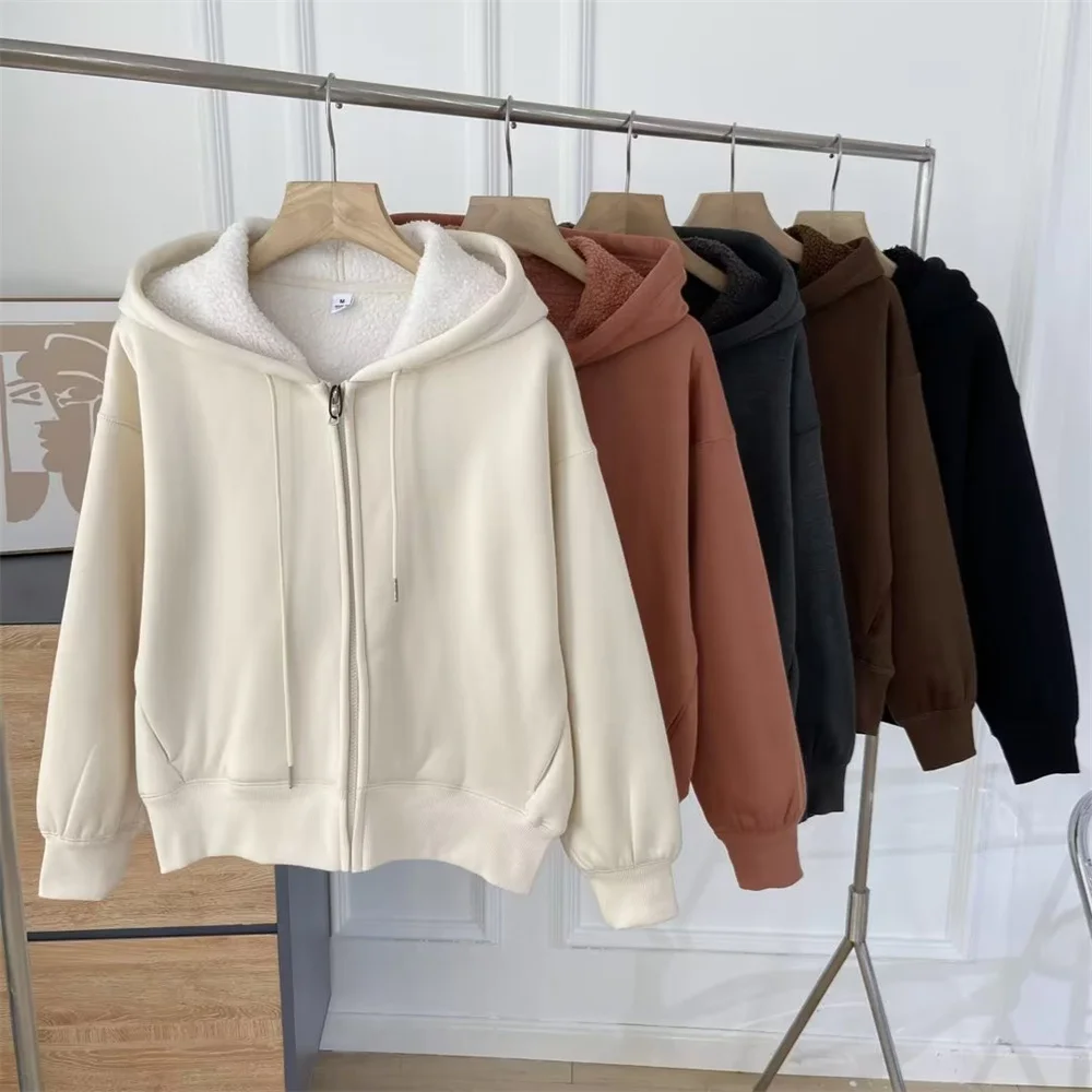 

COS LRIS 2022 Autumn and Winter New Women's Clothing Plus Velvet Warm Sweater Imitation Lamb Velvet Hooded Jacket 449878
