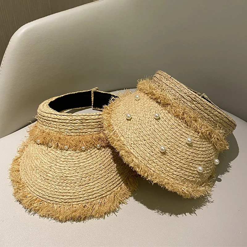 

Women Straw Visor Double Fringed band Sun Hat Pearls Visor Cap Free Size Handmade Brim Summer Cap Ladies Girl Beach Hat Packable