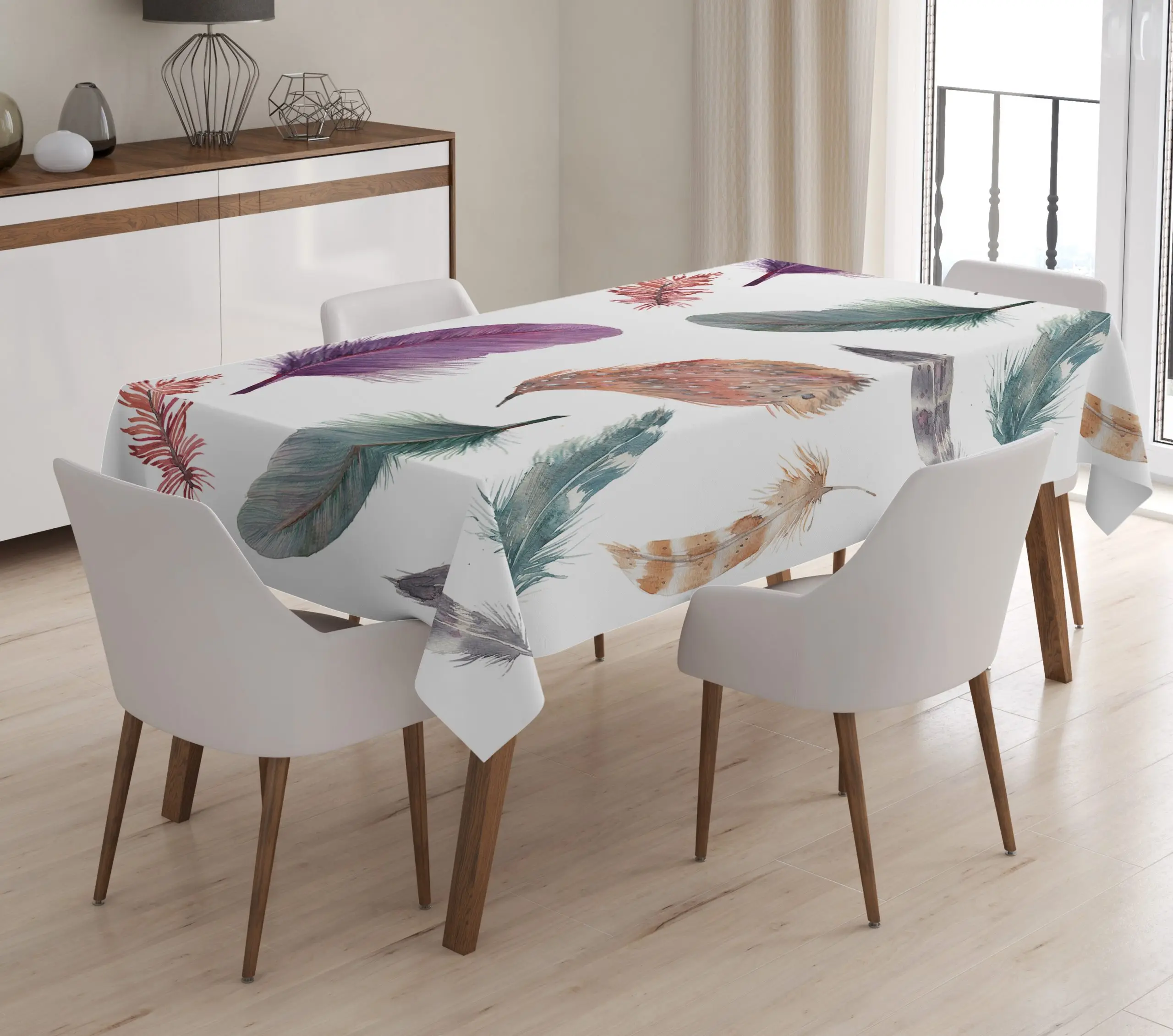 

Bird Feather Patterned Digital Printed Stain Resistant Table Cloth, 3D digital printing, Laser Cut With Oriental Pattern