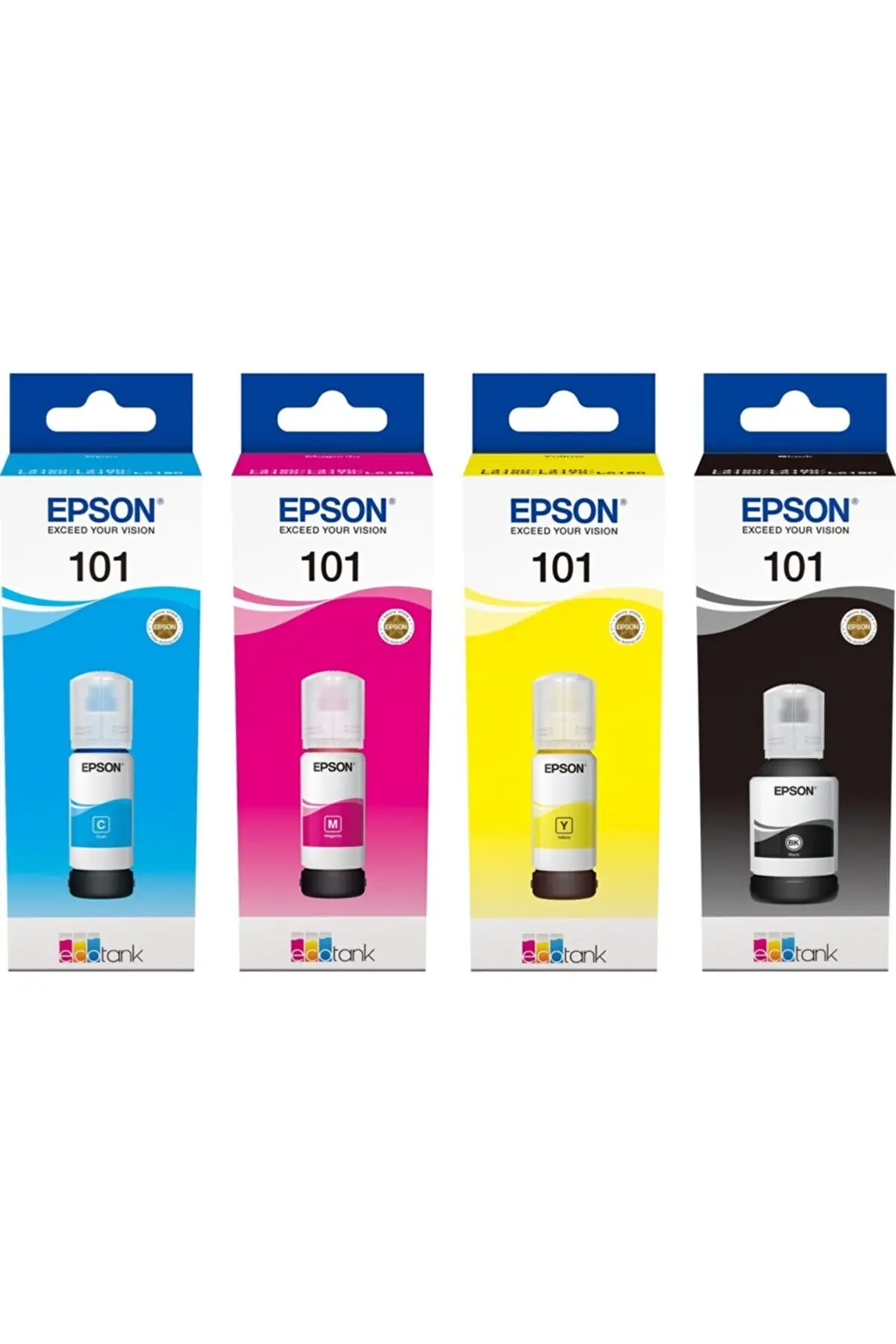 

Epson 101 Ecotank Ink Bottle Black Cyan Magenta Yellow Colors and All In One Advantageous Package