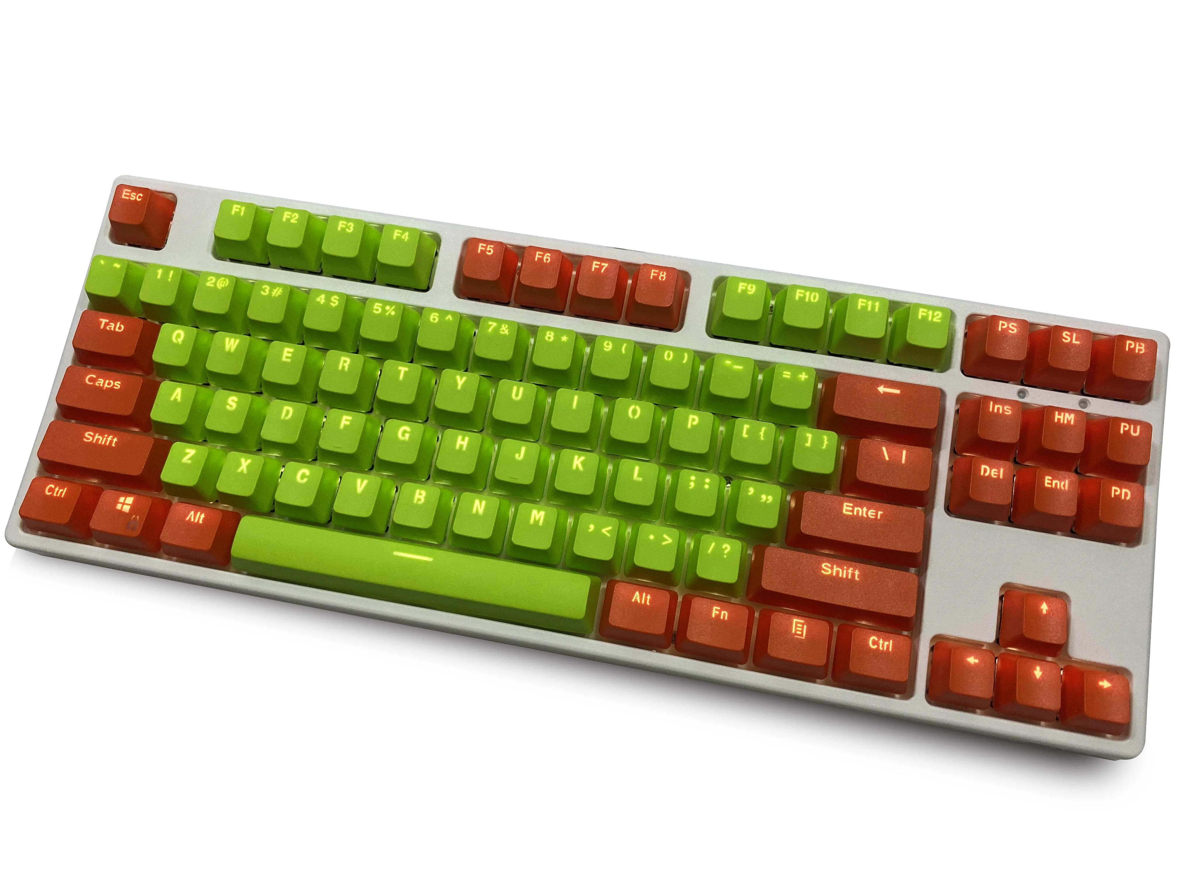 

Orange Gree 87 Keycaps, PBT Material OEM Height Mechanical Keyboard Keycaps, Double Backlit Characters, Transparent Game Keycaps