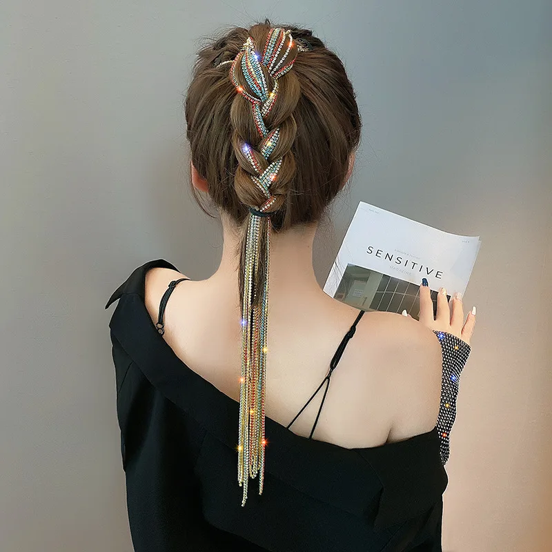 

Braided Hair Color Rope Dirty Braided Head Rope Braided Hair Artifact Flash Drill Chain Ponytail Embellished Headdress Hiphop