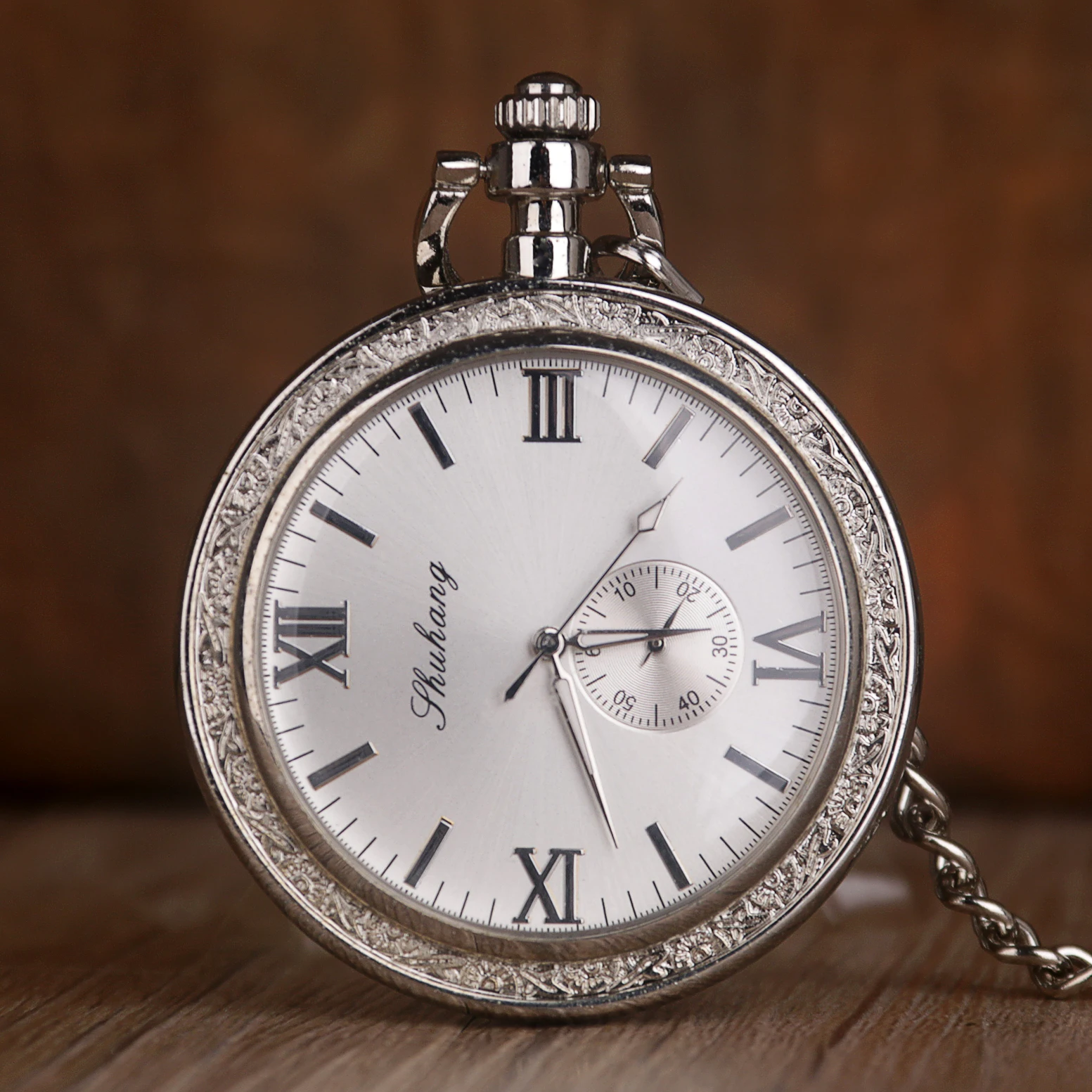 Silver Roman Numeral Pocket Watch Mechanical Minimalist Fashion Vintage Necklace Pendant Clock Fob Watches For Men Women