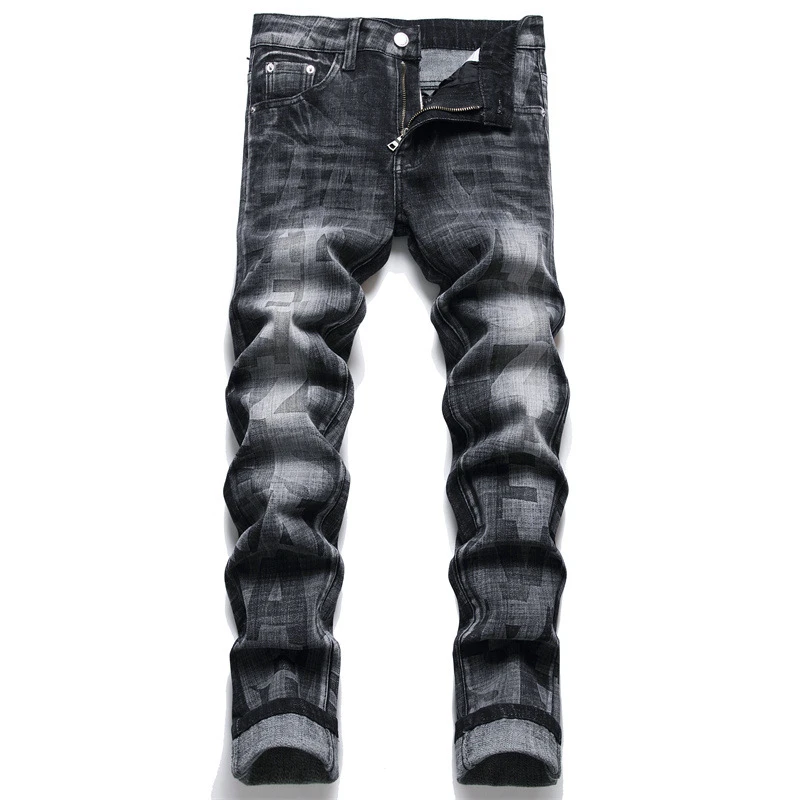 

Fashion Ink Type Streetwear Ripped Denim Pants Casual Straight Men Distressed Denim Jeans