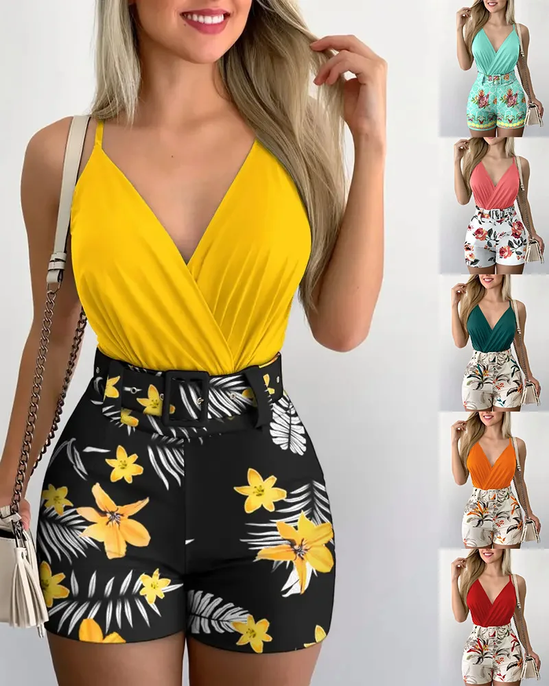 Sexy Two Piece Set Summer Women's Deep V-Neck Sling Corp Tops Fashion Printed Belt Shorts Suit Women Beach 2 Piece Sets 2022 New