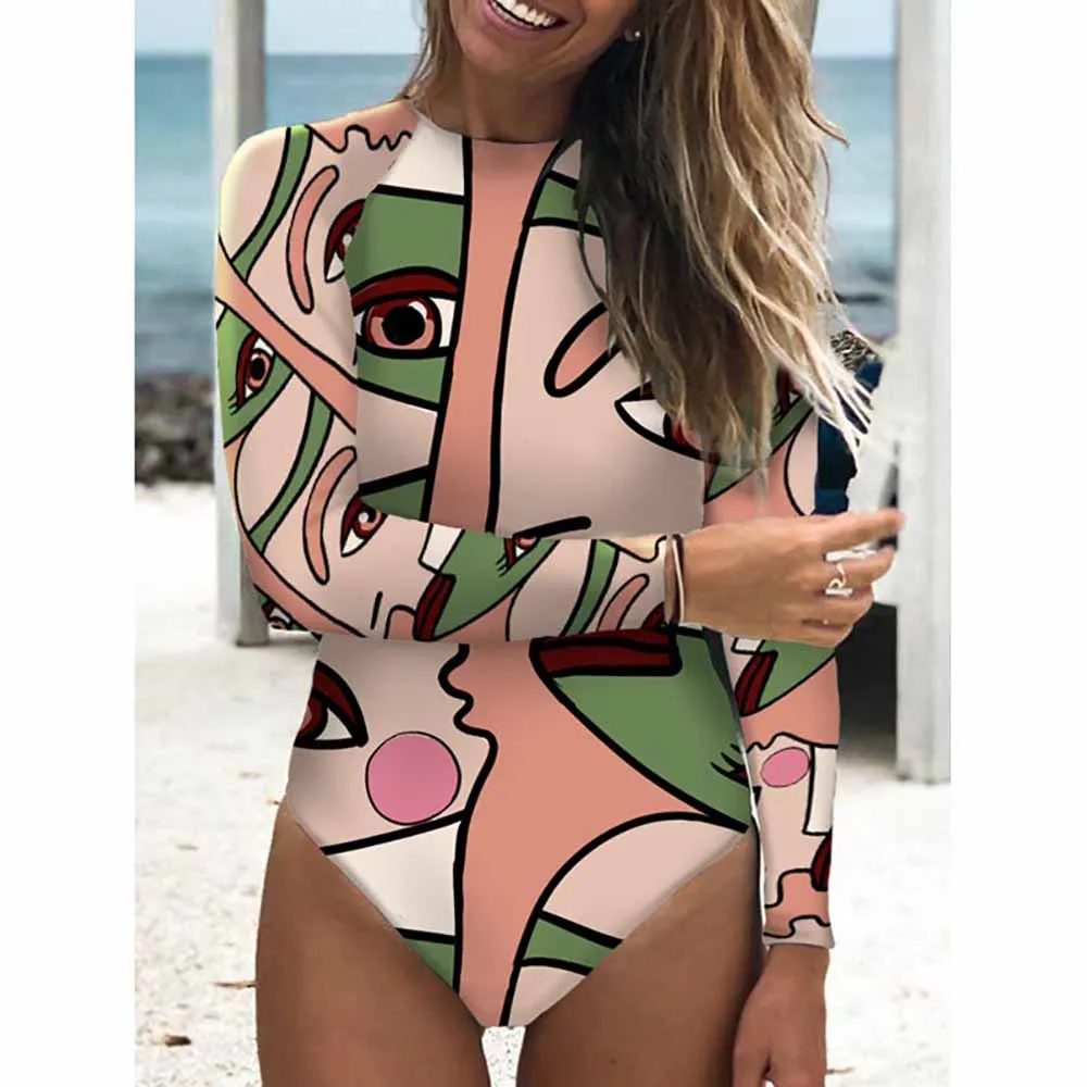 

Tankini Abstract Print Surfing Swimsuit For Women Long Sleeve Swimwear For Girls Single Piece Micro Monokini Backless Wetsuit
