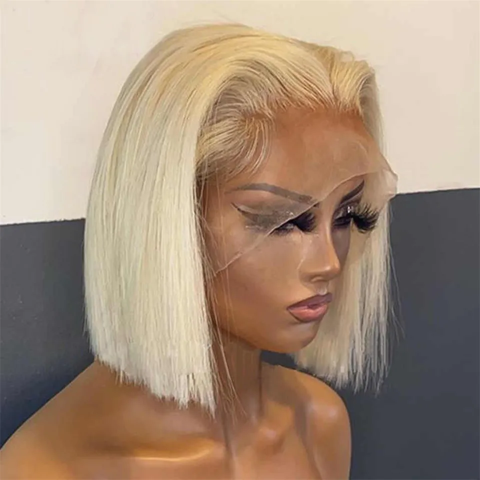 

Peruvian Hair Straight Short Bob Wigs for Women 613 HD Lace Wig T Middle Part Blonde 1B/613 Ombre Highlight Wig Remy Human Hair