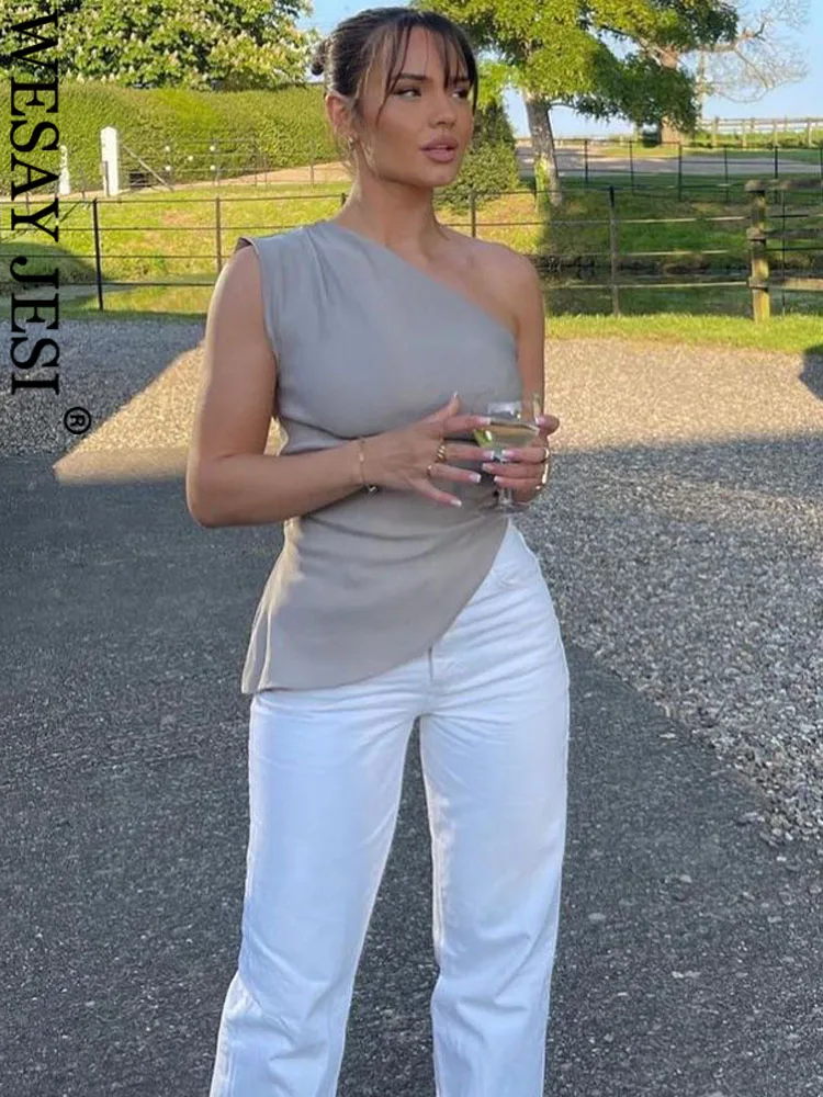 

WESAY JESI TRAF Summer Women's Asymmetric Pleated Vest Tops Single Shoulder Sleeveless Vintage Fashion Causal Elegant Slim Tops