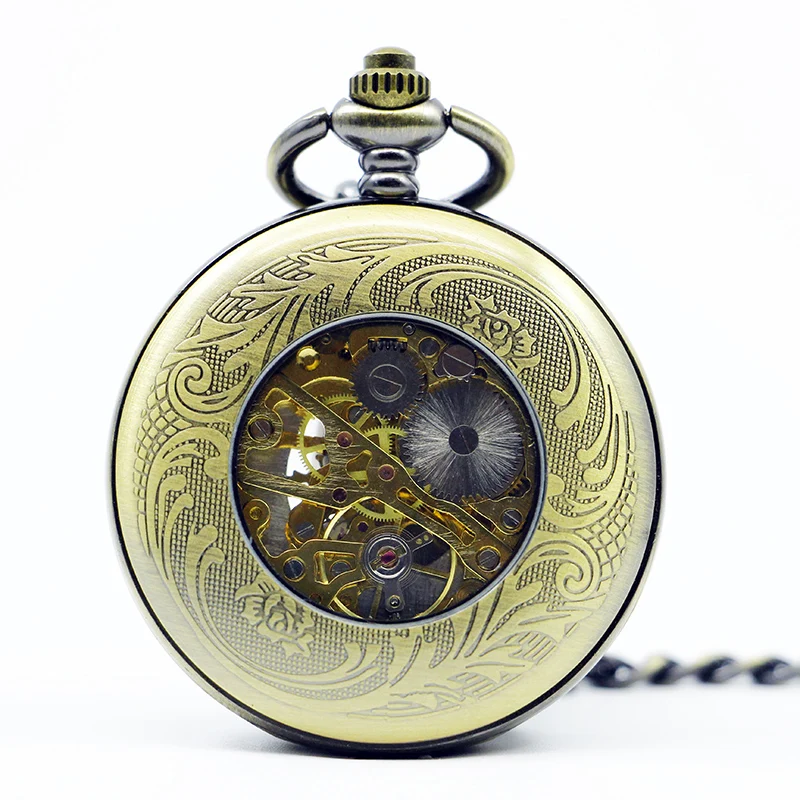 Retro Bronze Steampunk Automatic Mechanical Pocket Watch Vintage Hand-Winding Antique Accessory Chain Fob Clock Souvenir Gift