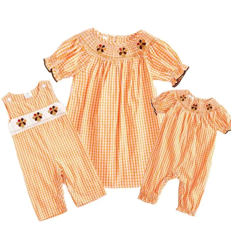 

Girlymax Fall Thanksgiving Turkey Baby Girls Boys Sibling Boutique Children Clothes Pumpkin Gingham Woven Smocked Dress Romper