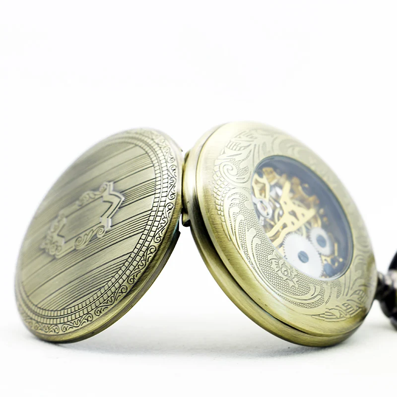 Self-Winding Mechanical Watch Chain Luxury Shield Case Skeleton Pendant Automatic Pocket Watch Men Women Roman Numeral Fob Watch