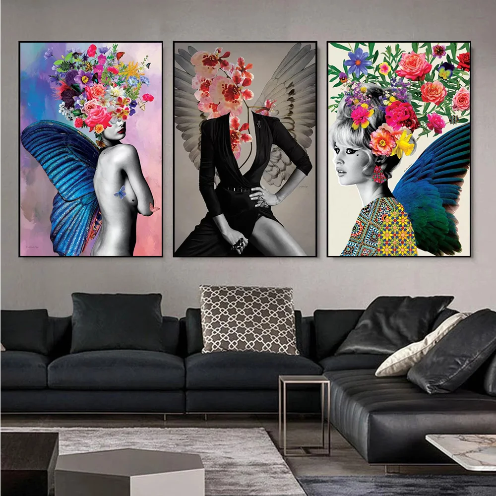 

Abstract Art Color Flower Woman and Butterfly Canvas Painting Girl Poster and Print Picture for Living Room Wall Art Home Decor