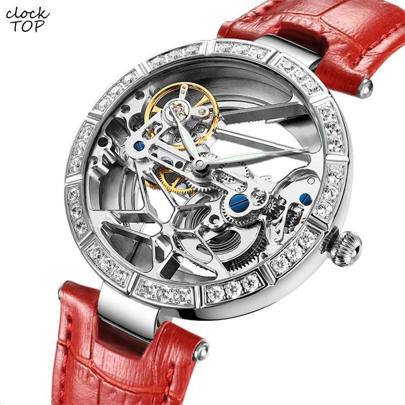 

Women Automatic Mechanical Watch Transparent Hollow Stars Dial Female Wristwatch Rhinestone Inlay Bezel Genuine Leather Watches