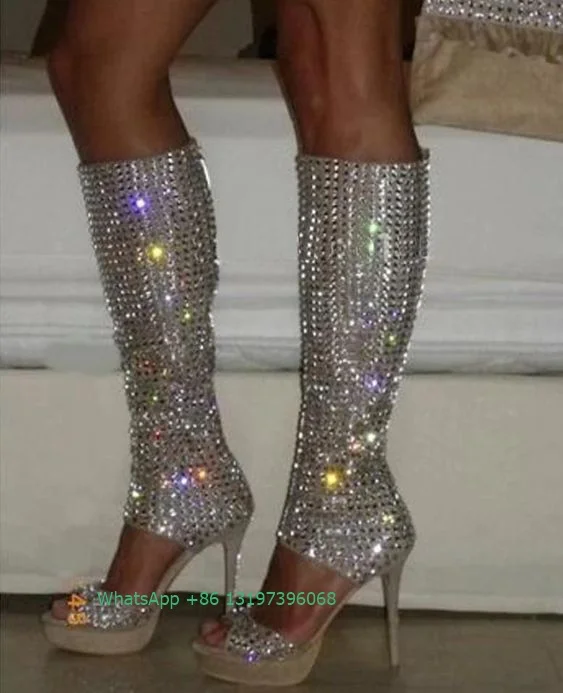 

Lady bling sequin cloth design knee boots peep toe hollow high heels sandals & boots platform daily pumps large size footwear 43