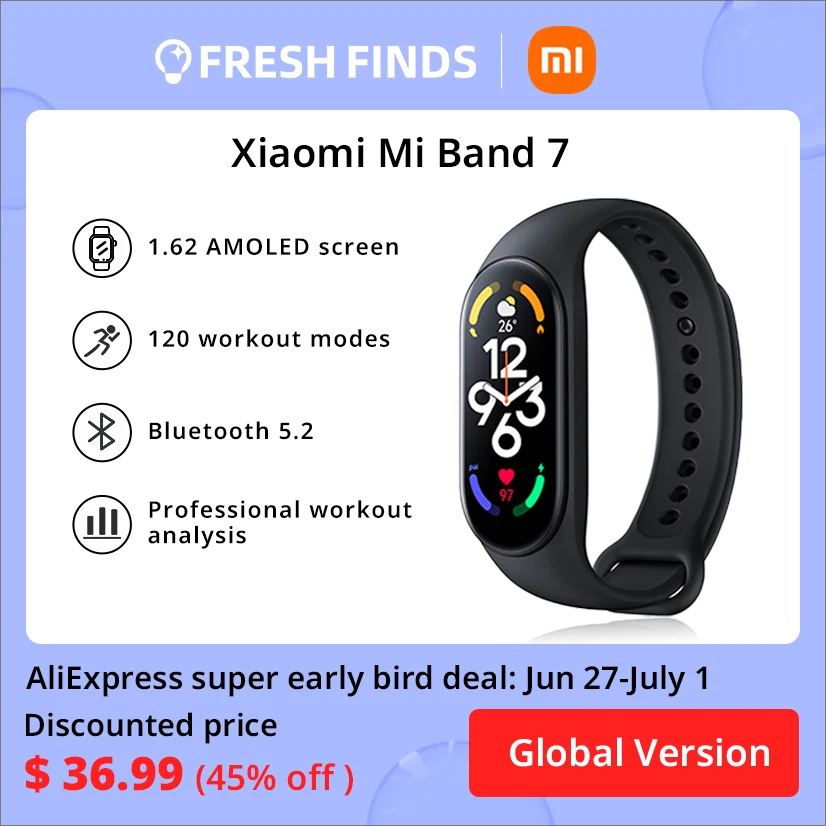  Xiaomi Mi Band 7 Смарт-браслет , 1,62 дюйма, AMOLED, Bluetooth 5,2, VO2 Max, спортивный анализ, 120 режимов тренировки, 5ATM, водонепроницаемый смарт-браслет 