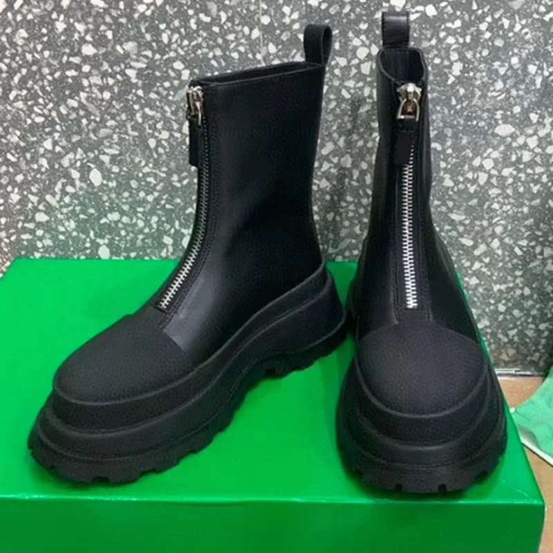 

Fall Mid-Calf Knight Boots Square Heel Women Shoes Thick Bottom Zipper Round Head Flats Botas Femininas Solid Zapatillas Mujer