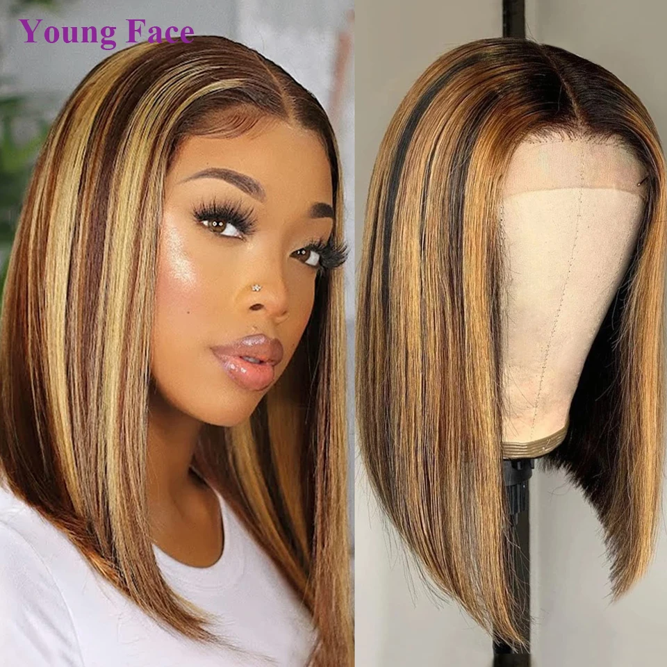 Highlight Bob Wig Human Hair 13x4 HD Straight Lace Frontal Human Wig T Part Short Bob Human Hair Wigs For Women 250% Density