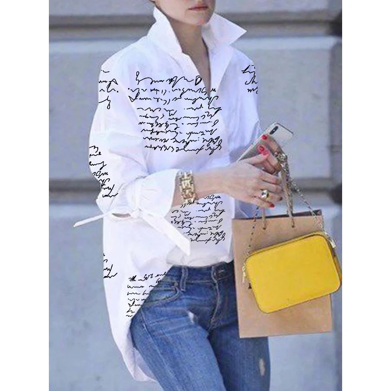 Женская Свободная блузка с длинным рукавом и отложным воротником