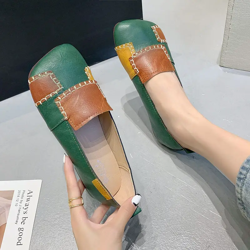 Designer Patches Ballet Flats Women's Summer Autumn Leather Moccasins Woman Green Flat Shoes Elegant Slip On Loafers Female Shoe