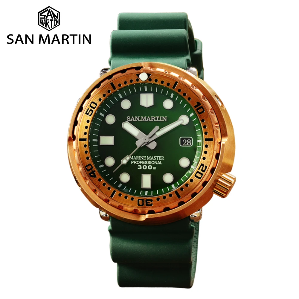 San Martin Tuna Bronze Men Watch Automatic Mechanical Sapphire Luminous 30 Bar Water Resistant Fluoro Rubber Strap Calendar часы