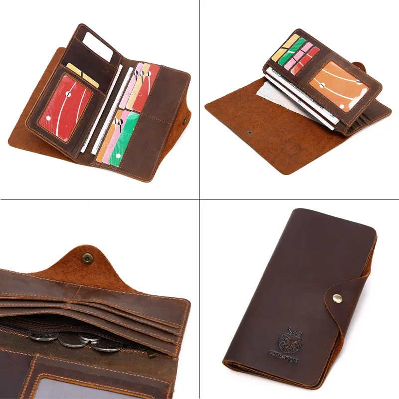 Vintage Men's Long Wallets Crazy Horse First Layer Cowhide Leather Large Capacity Clutch Slim Card Holder Purse Handmade Wallets