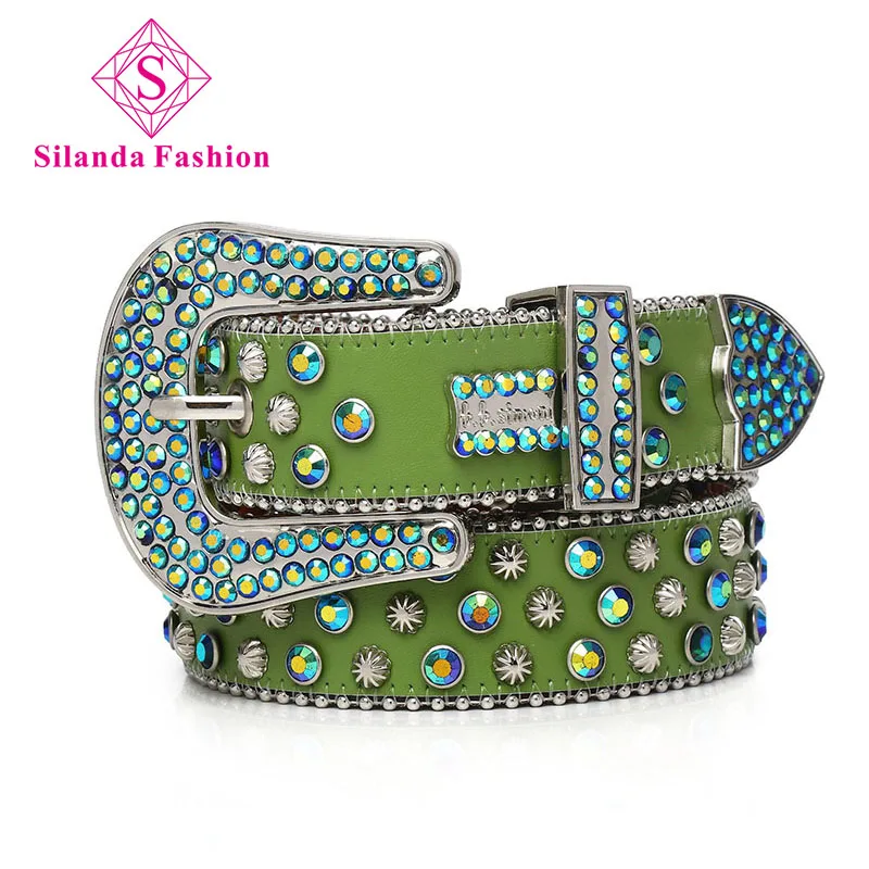 

Silanda Fashion New Women Shining Rhinestone Inlaid Waistband Men Hip-hop Punk Pin Buckle Belt Luxury Genuine Leather Girdles