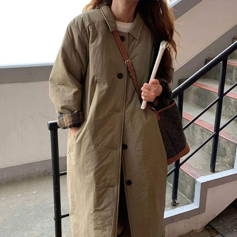 Clothland Women Fashion Padded Jacket Long Sleeve Straight Long Coat Female Cute Casual Loose Coats Mujer CA356