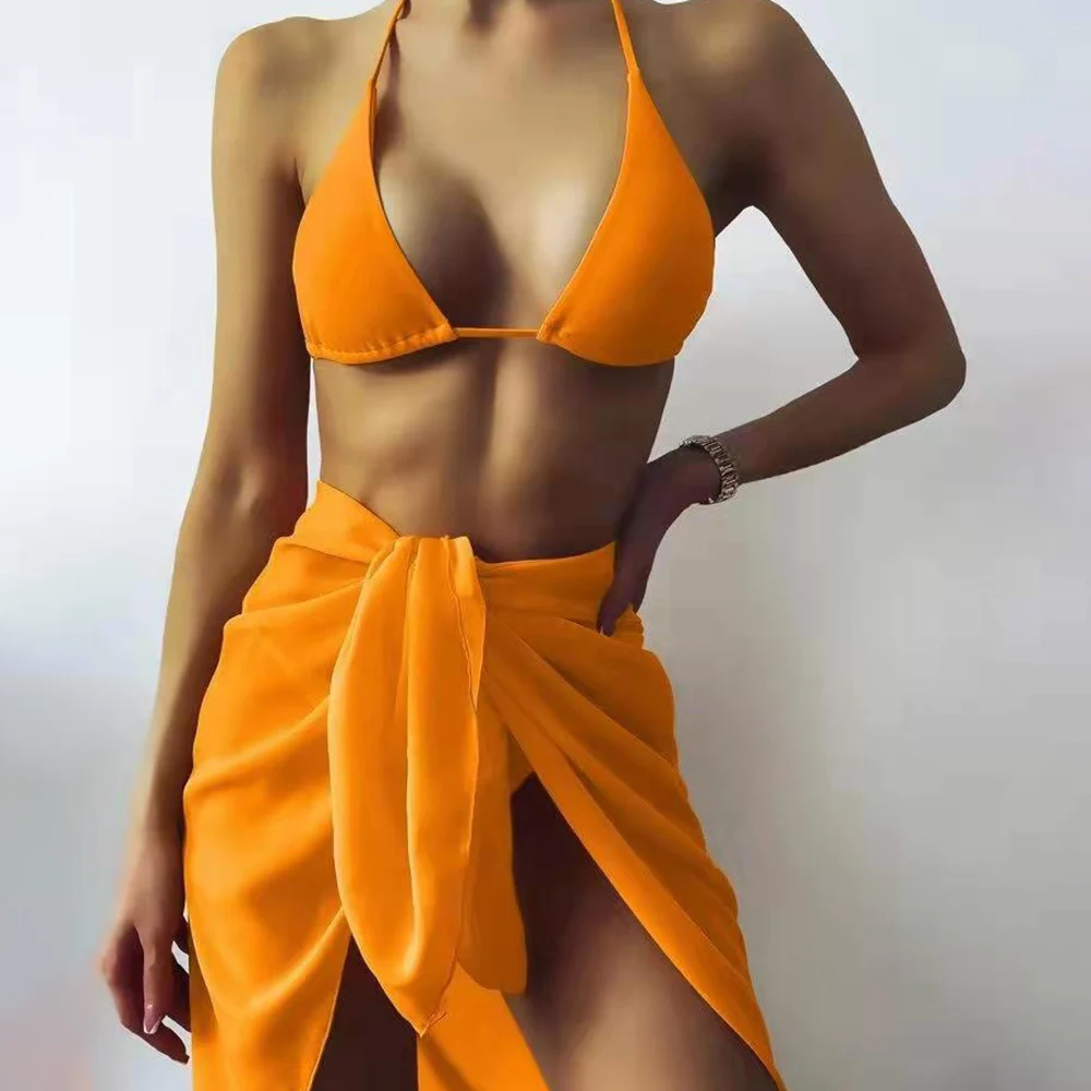 

2022 Summer Sexy Solid Color Outer Mesh Beach Skirt Bikini Thong Bather Bathing Suit Two Piece Set Women and Cover-ups Swimsuits