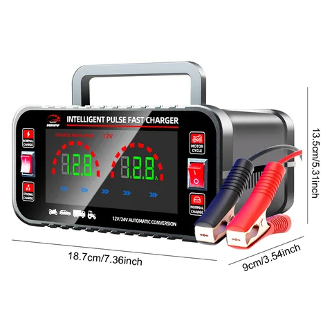 12V/24V Smart Pulse Repair AGM ГЕЛЕВОЕ влажное свинцово-кислотное зарядное устройство Smart Motorcycle Battery Charger ЖК-цифровой дисплей с большим экраном 10/5A