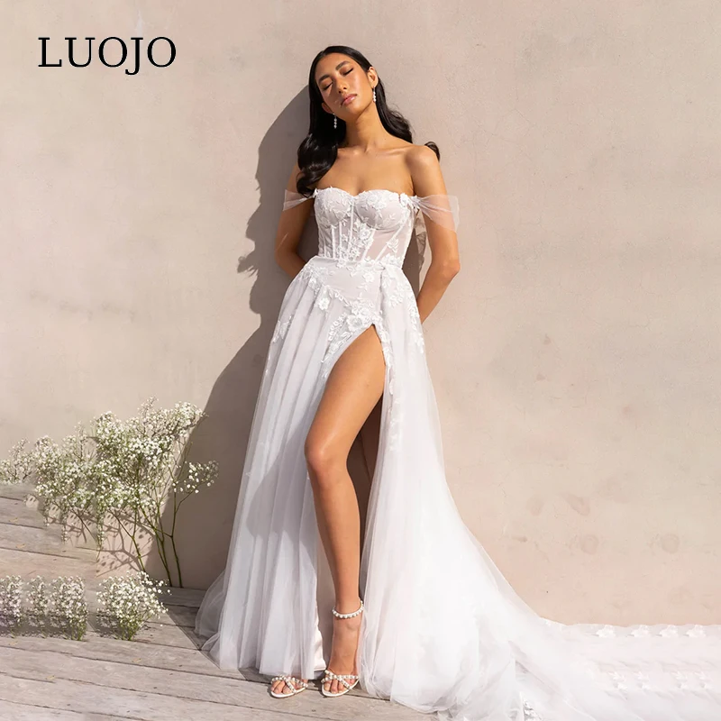 

LUOJO Wedding Dress Embroidered Lace Sequin vestidos de novia Sweetheart Illusion Split Off the Shoulder A-line robe de mariée