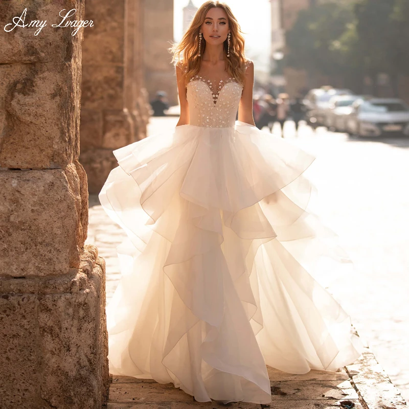 

Amy Lvager Romantic Scoop Neck Button A-Line Wedding Dress 2023 Gorgeous Appliques Beading Bohemian Bridal Gown Vestido De Noiva