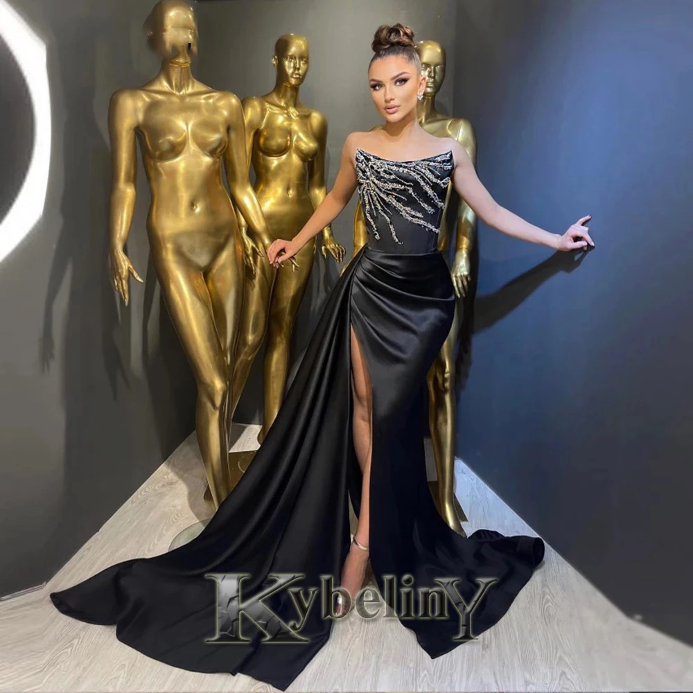 

Kybeliny Black Evening Dress Beaded Mermaid Satin Side Slit Rhinestones Prom Gowns Sexy Formal Arabic Party Vestidos Custom Made