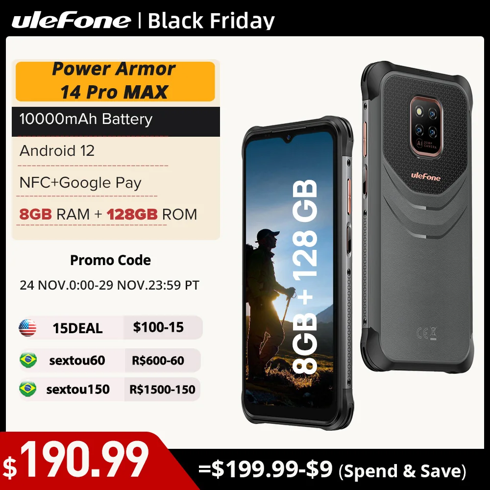 Ulefone Power Armor 14 Pro 8GB+128GB Rugged Phone 10000mAh Android 12 Waterproof Smartphone 5G/2.4GWLAN NFC Global version
