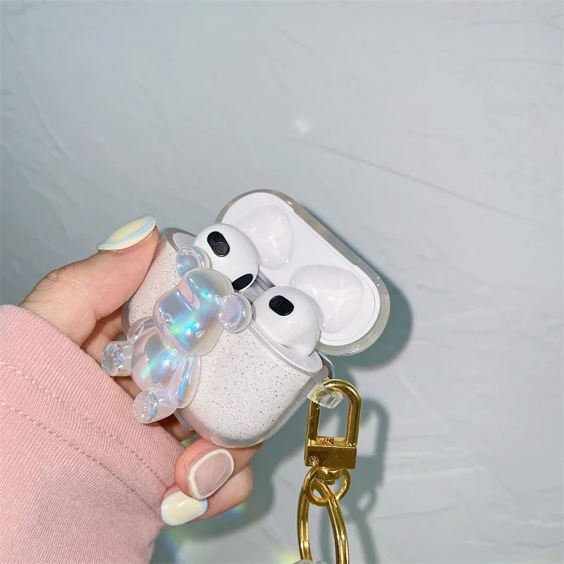 

Роскошный 3D мультяшный лазерный медведь Блестящий Прозрачный чехол для наушников Airpods 1 2 Pro 3 с красочным акриловым браслетом защитный чехол