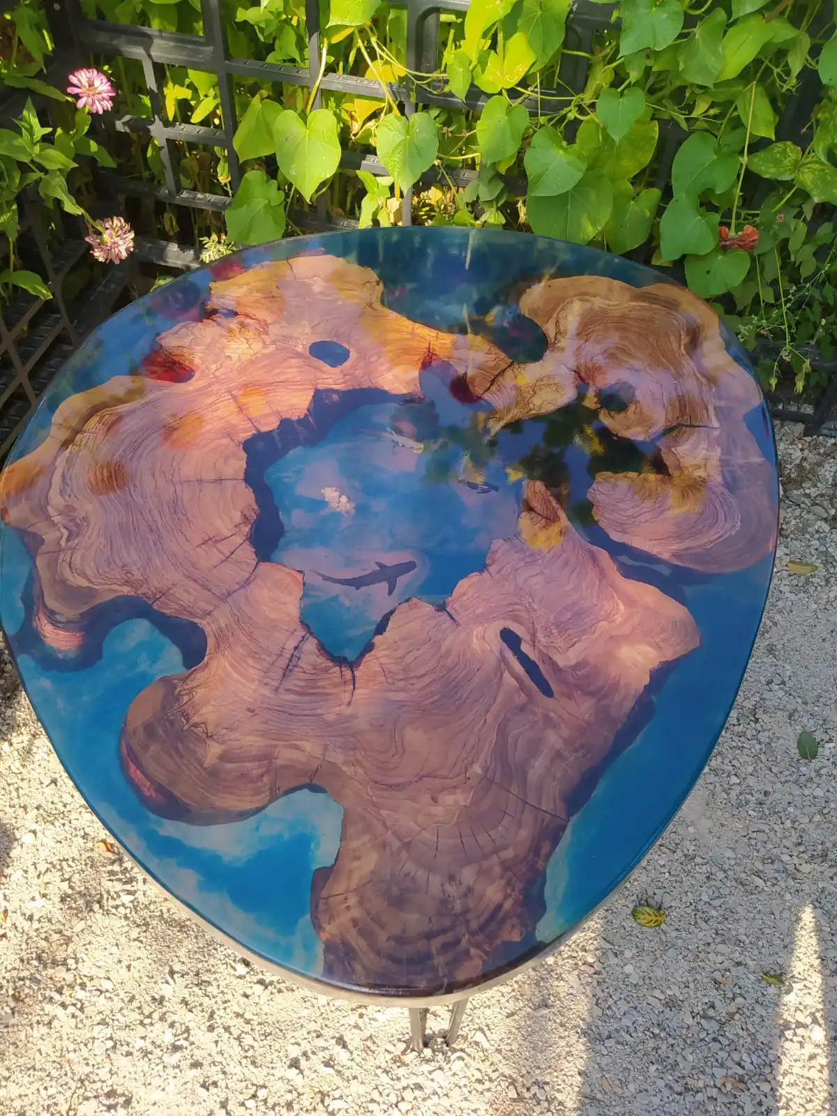 

Olive wood epoxy coffee table with LED light shark and diver figures