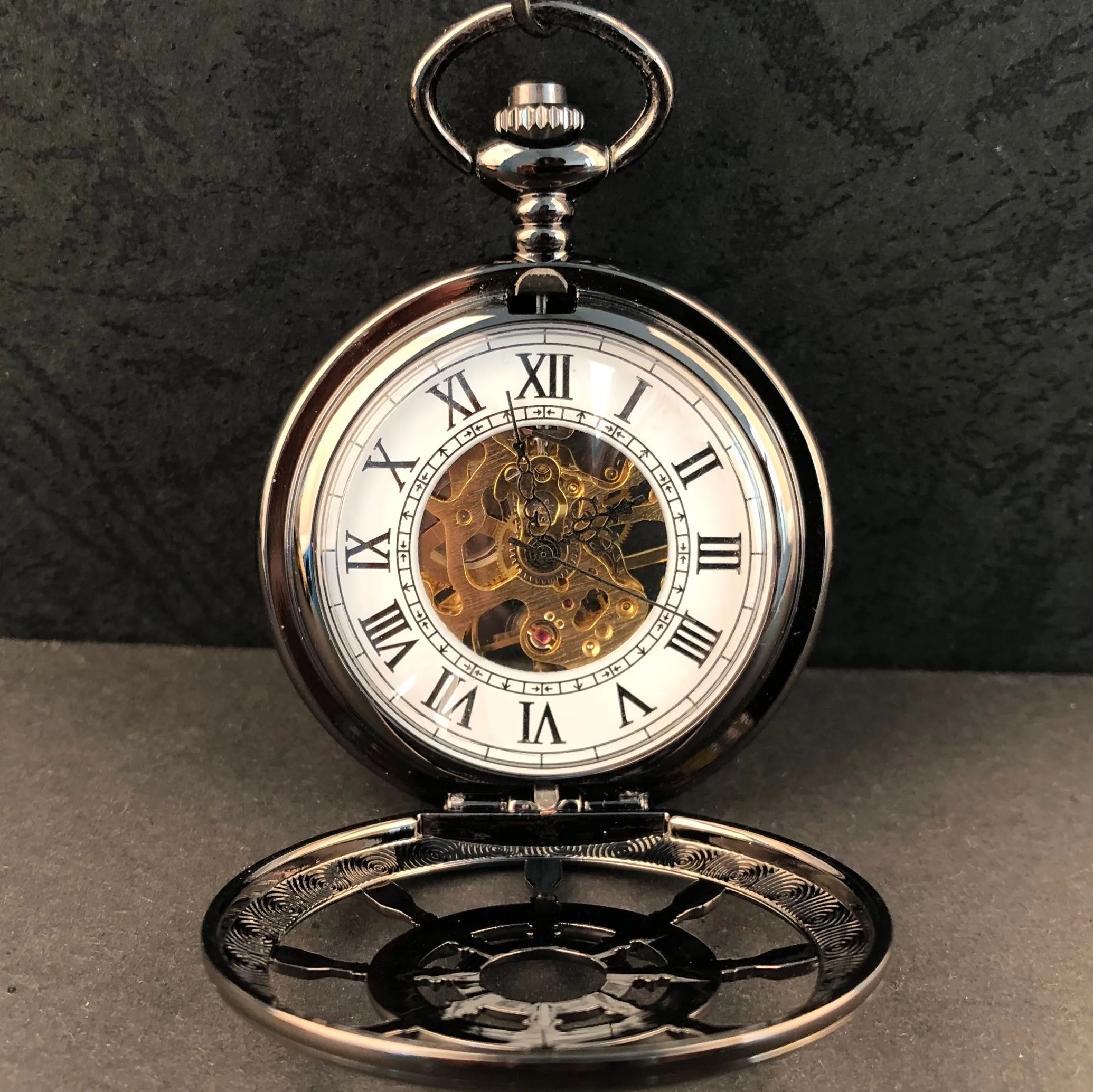 Black Charm Skeleton Pocket Fob Watches Mechanical Hand-winding Vintage Half Hunter Mens Pocket Watch Necklace with Chain Gifts
