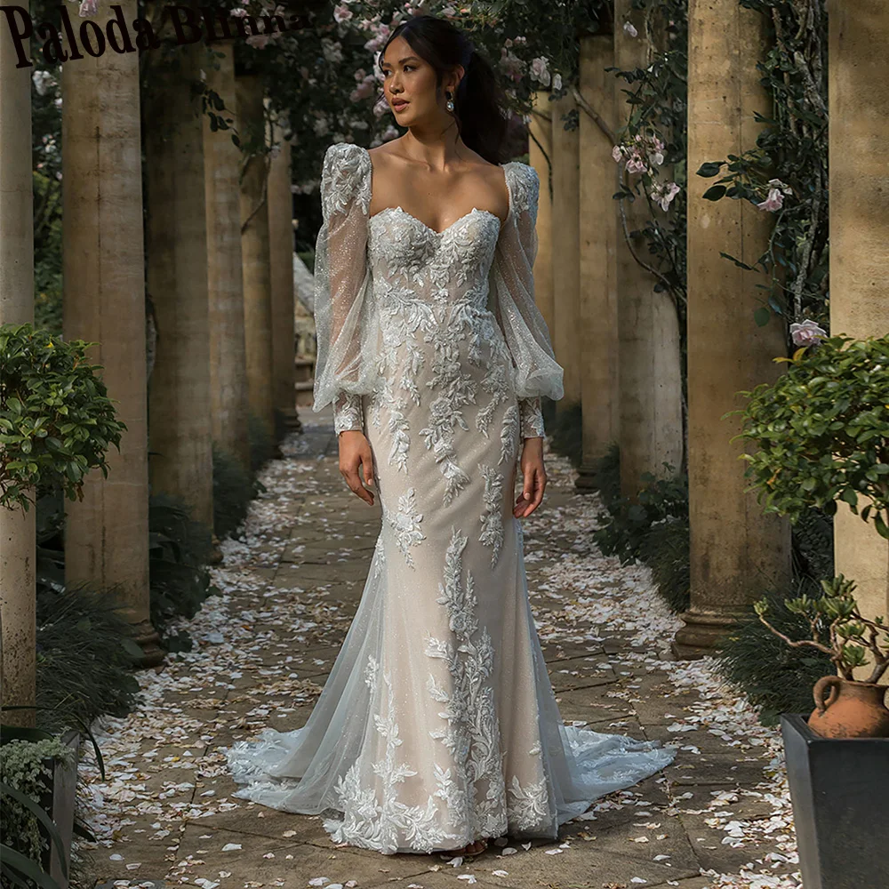 

Paloda Glamorous Bling Tulle Wedding Dresses 2023 Bride Strapless Detachable Full Lantern Sleeves Button Appliques Backless