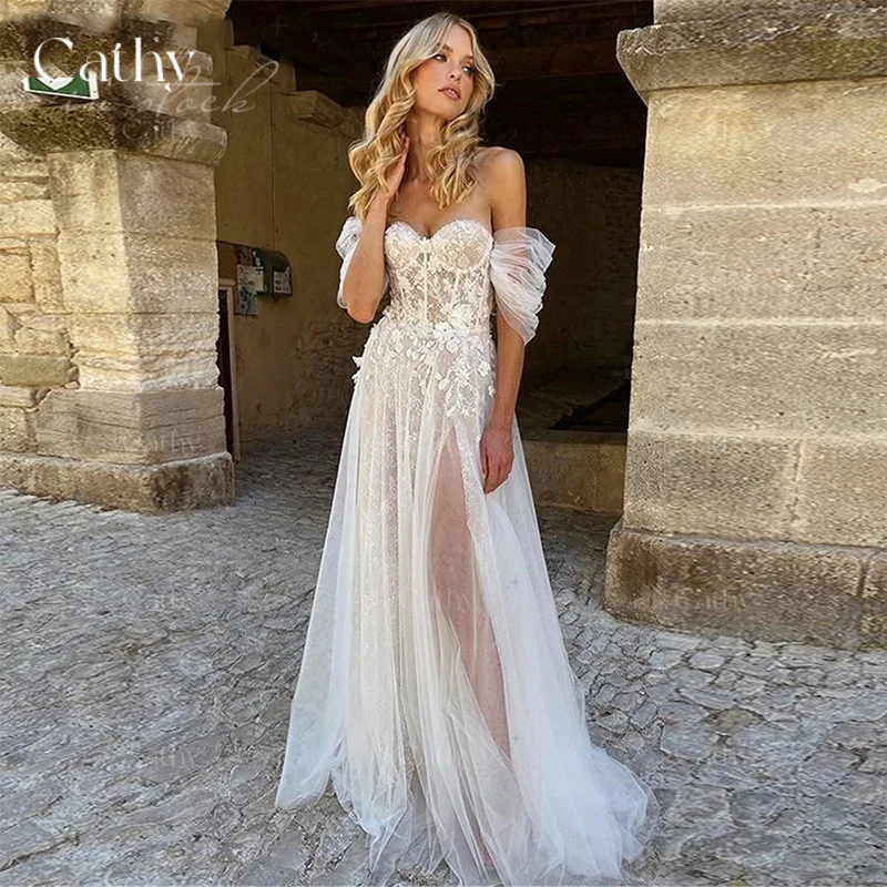 

Sexy Off The Shoulder A-line Vestidos De Fiesta Boho Tulle Sweep Train Wedding Dress Lace Embroidery Chest Design Wedding Dress