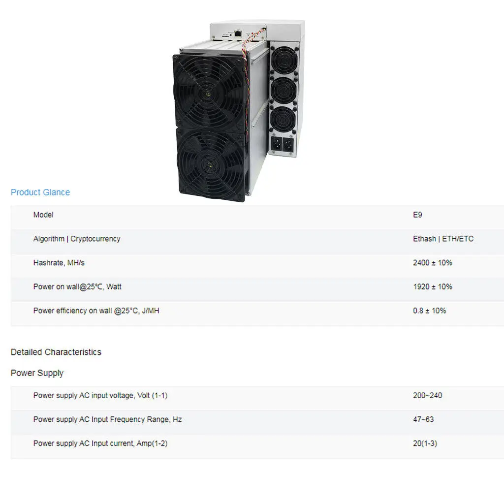 

New Antminer E9 2100Mh/s 1920w Asic Miner, ETC Crypto Mining