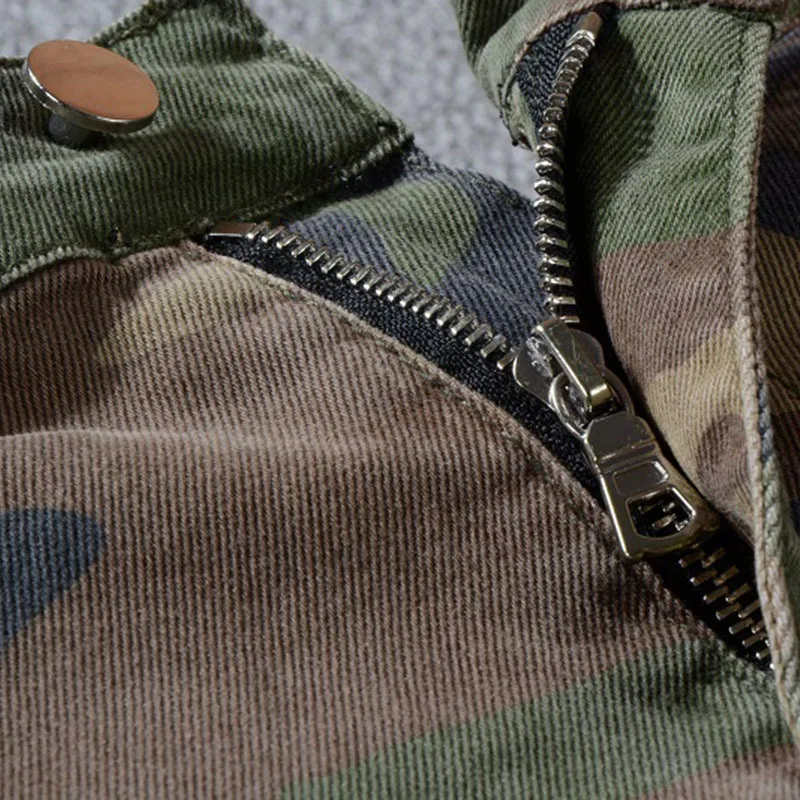 New Fashion Distressed Slim Fit Camouflage Cargo Pants Streetwear Men Zippers Pockets Skinny Stretch Patches Bikers Ripped Jeans