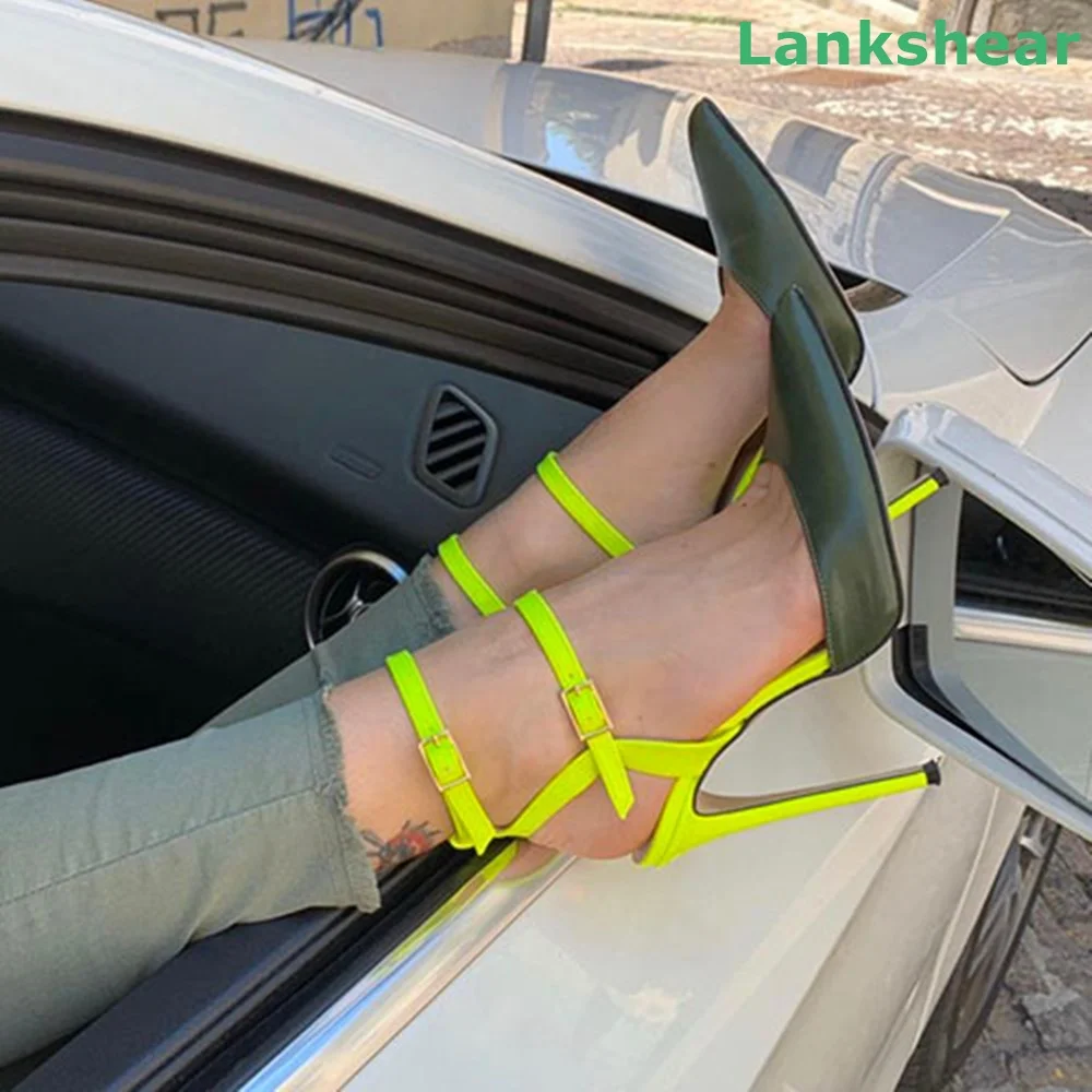 Босоножки женские с двойной пряжкой заостренный носок тонкий высокий каблук