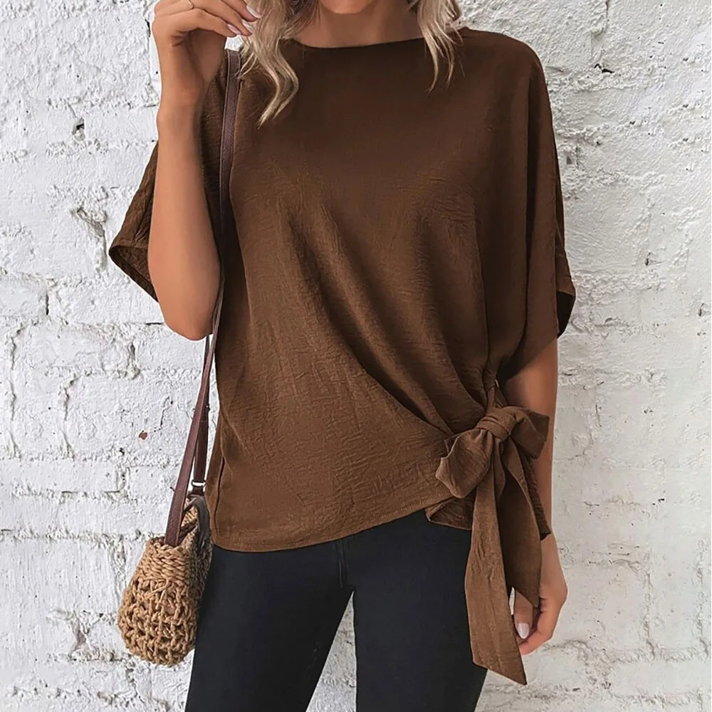 

Women Summer Leisure Fashion Trend New Solid Color Batwing Sleeve Hem Knotted Loose Temperament Tee High Quality Upscale Top